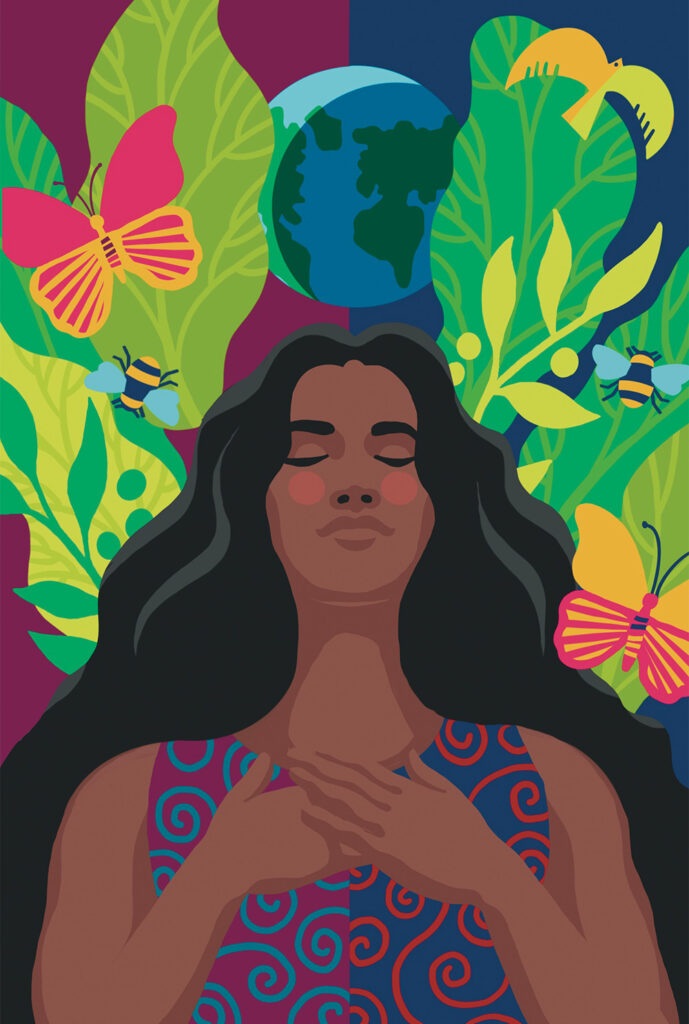 Illustration of woman breathing surrounded by color images of nature.