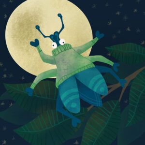 Illustration of beetle wearing a sweater dancing in the moonlight.