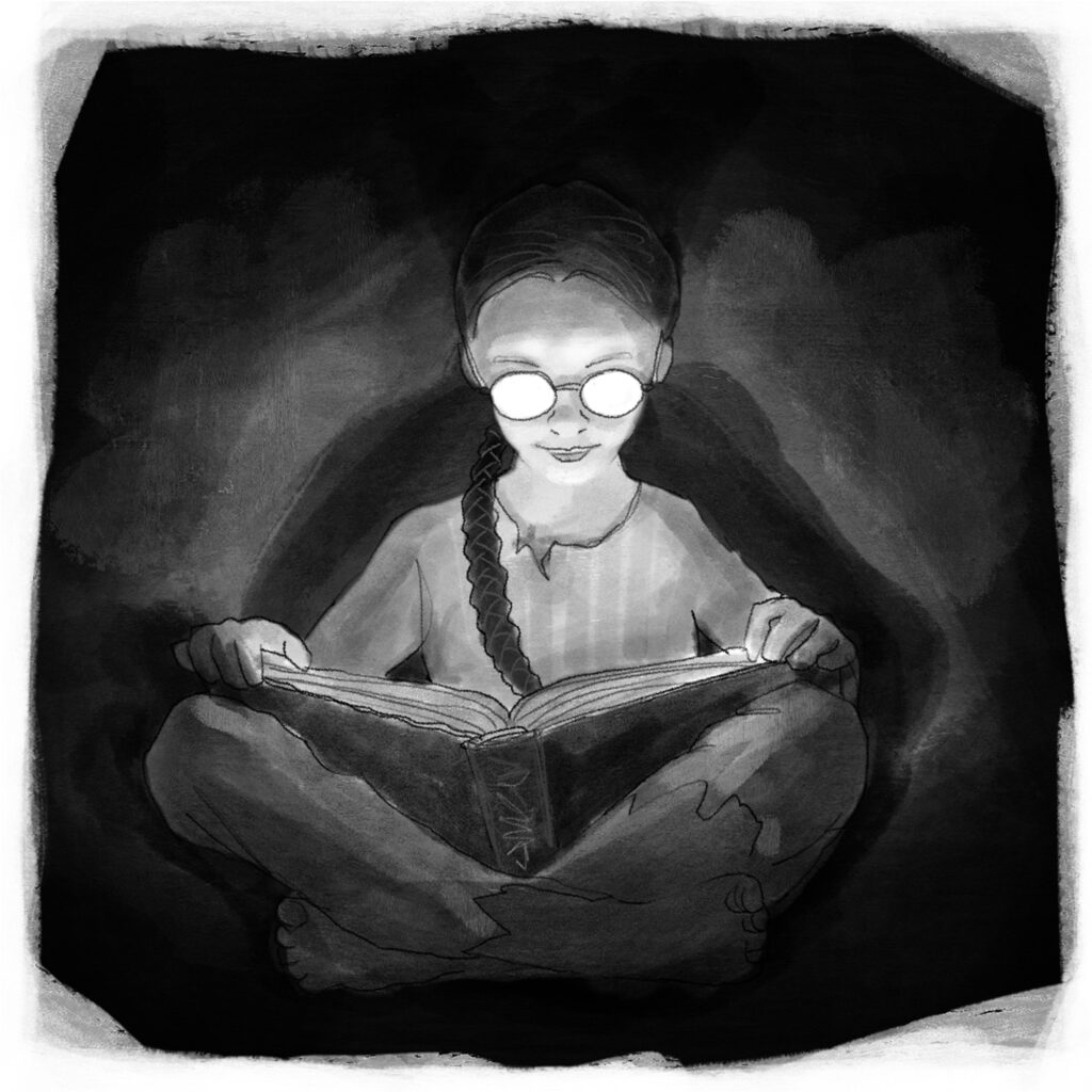 Black and white illustation of young girl wearing glasses illuminated by a book she's holding.