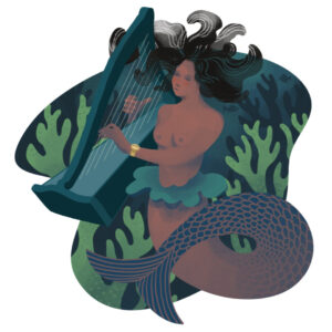Illustration of mermaid playing a harp.