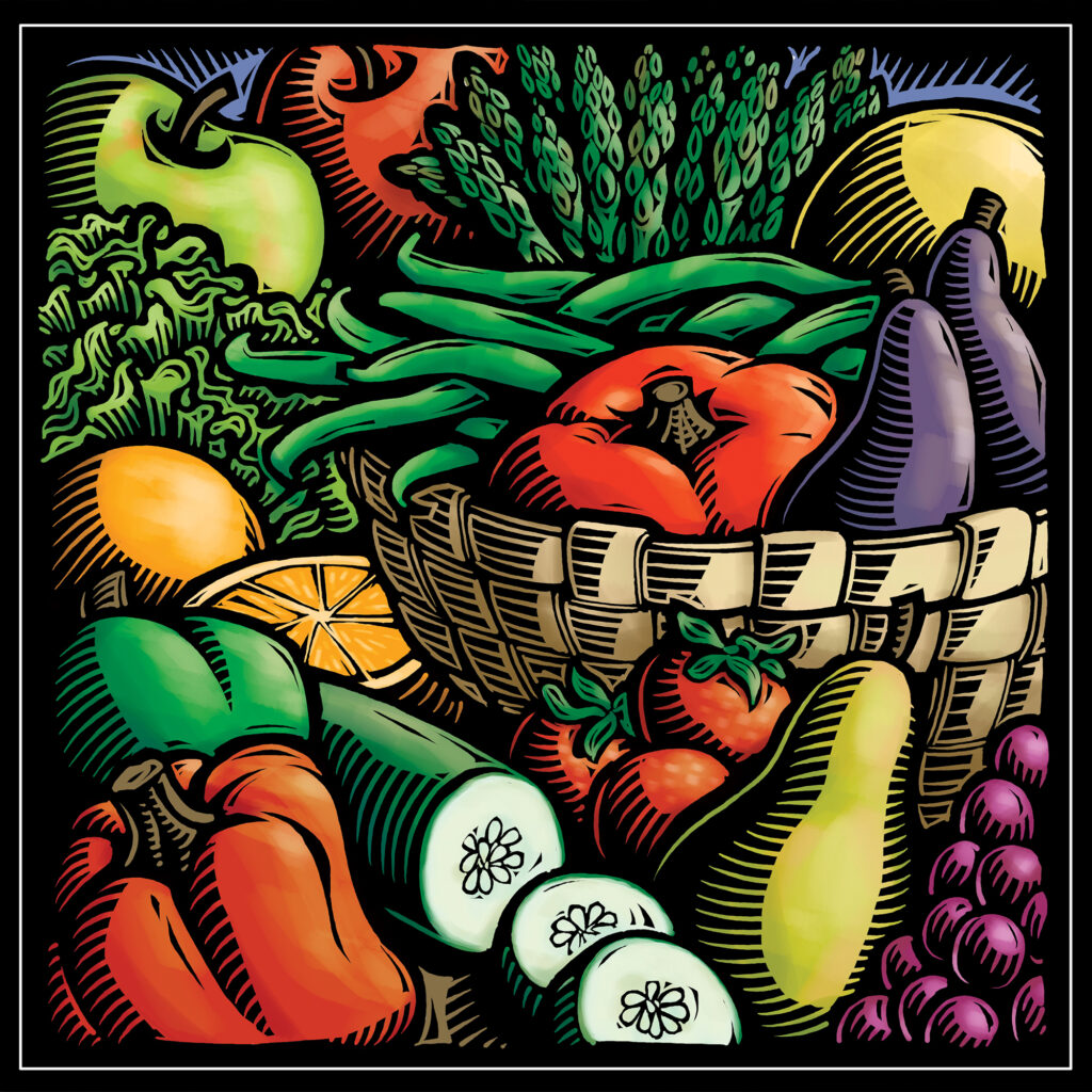 Linocut illustration of produce